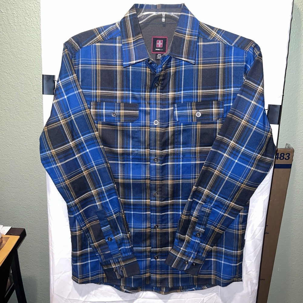 Swiss Tech Button Up Shirt Men S 34-36 Blue Gold Plaid Long Sleeve Stretch